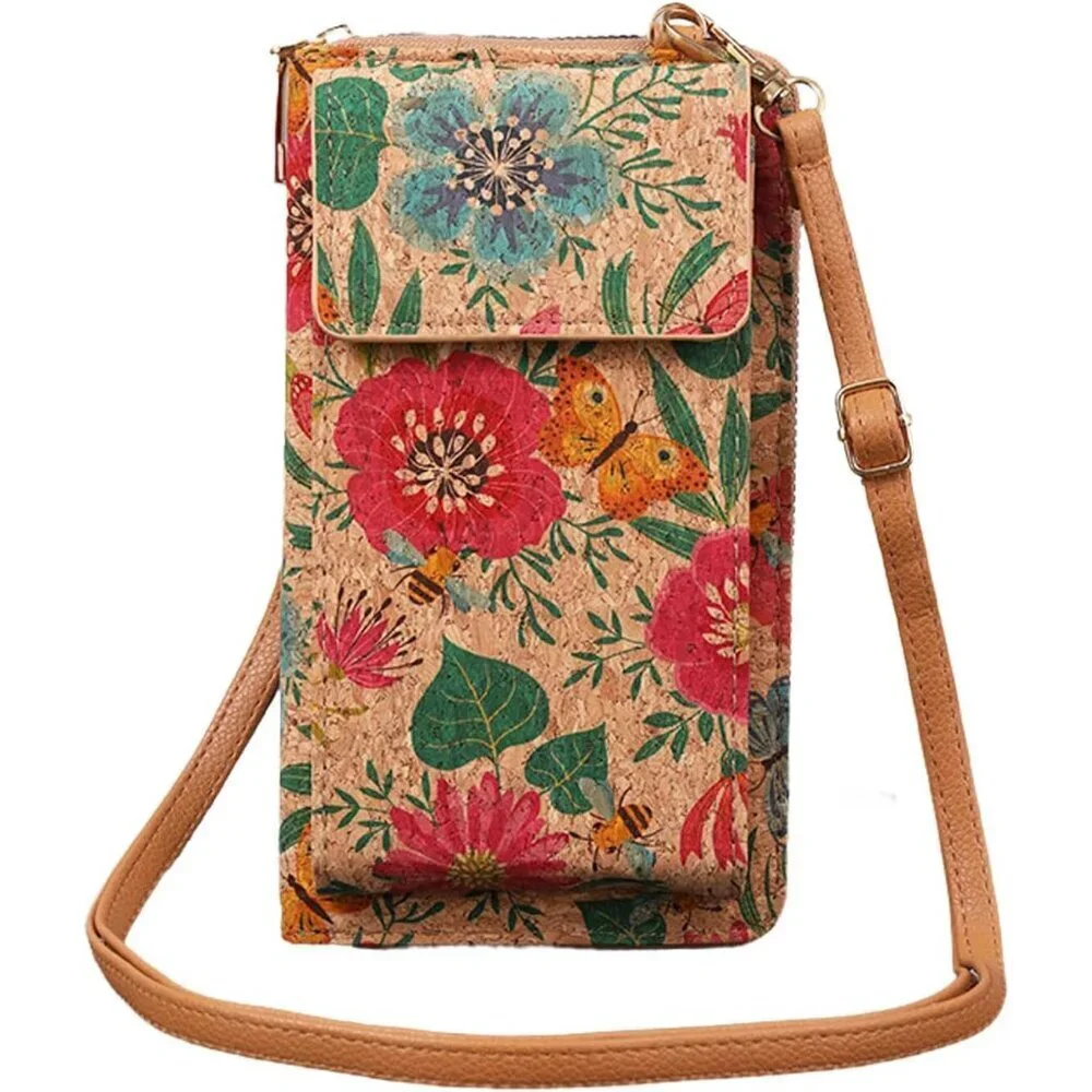 Small Cork Phone Bag Women Wallet with Card Slots Shoulder Strap for Cell Phones